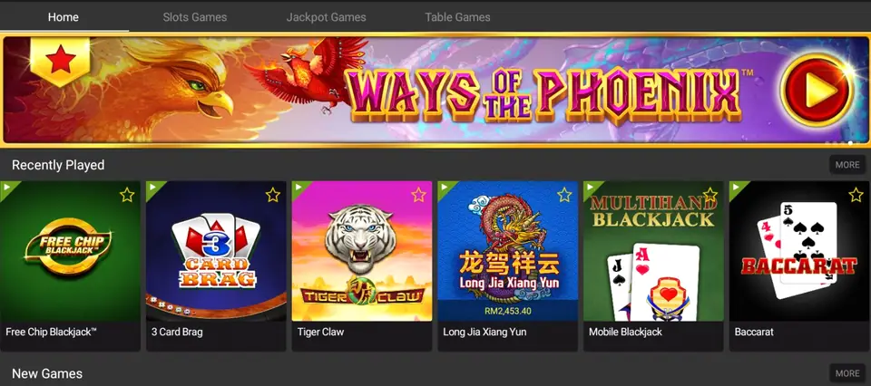Rollex11 lobby with Home, Slots Games, Jackpot Games and Table Games tabs and a Ways of the Phoenix banner