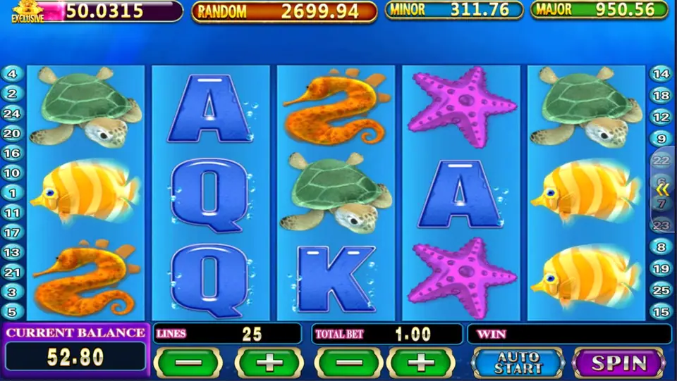 Great Blue slot with Random, Minor and Major jackpot counters along the top, 25 lines, total bet 1.00 and current balance 52.80