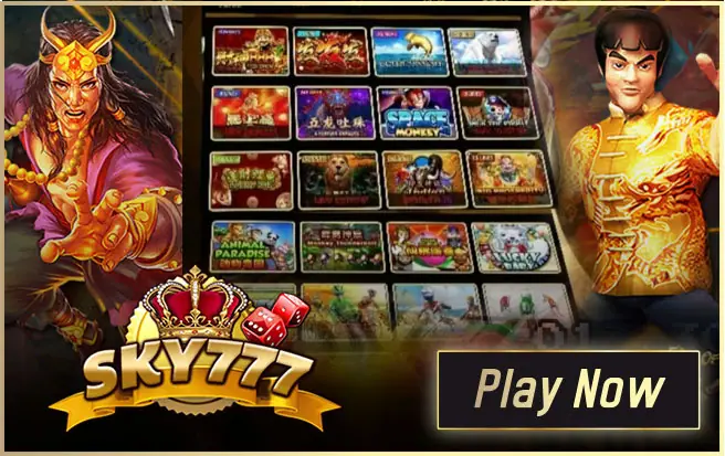 SKY777 promotional banner with the crown logo in front of a wall of slot tiles, a horned warrior on the left and a martial artist in gold on the right